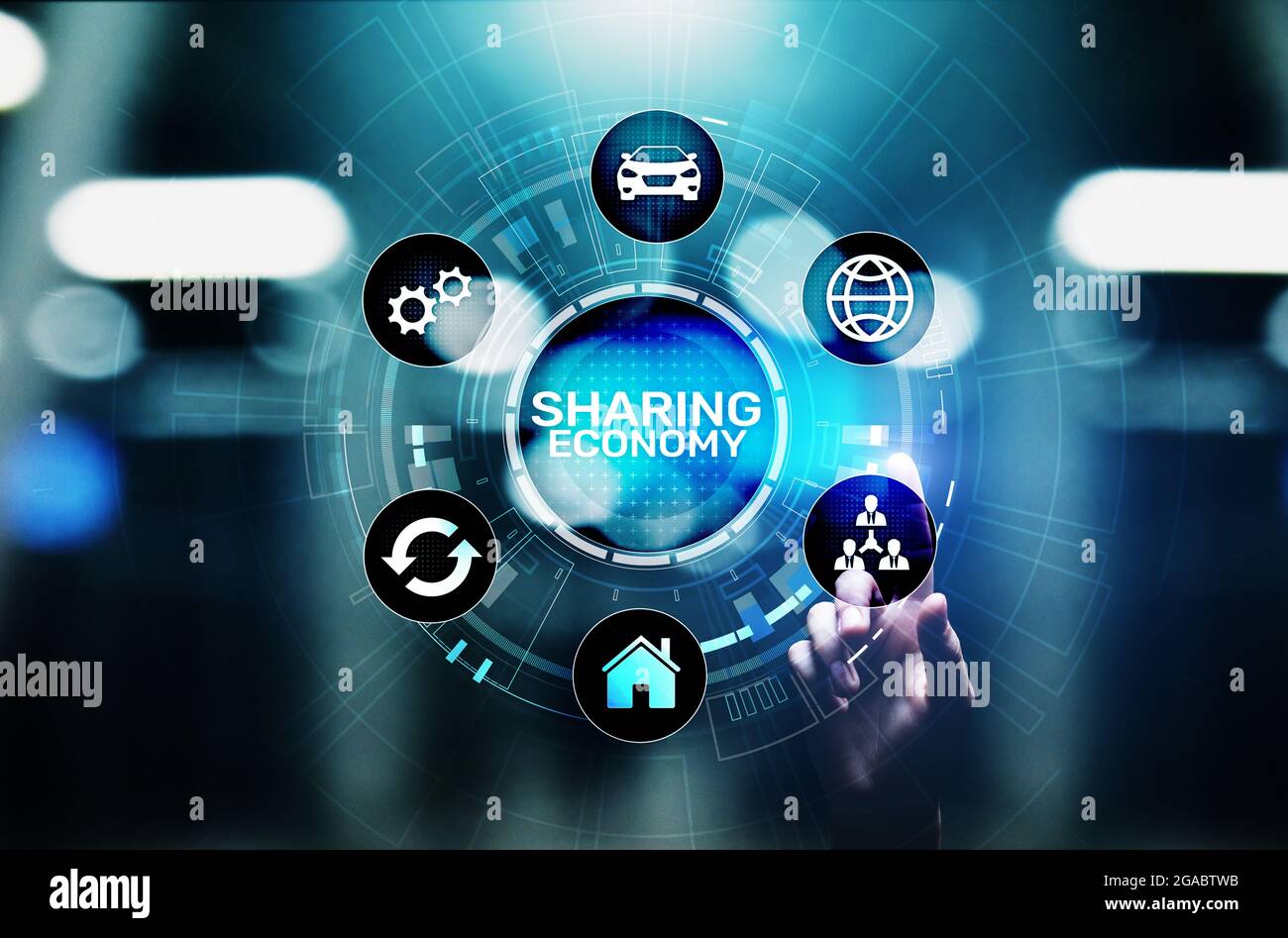 Gemeinsame Nutzung von Wirtschaft, Innovation und Technologie der Zukunft auf virtuellen Bildschirmen. Stockfoto