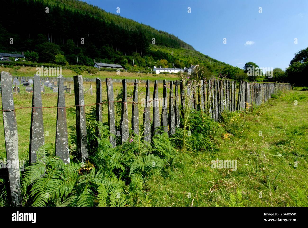 Schieferzäune in Corris Village, Gwynedd Wales, Großbritannien Stockfoto