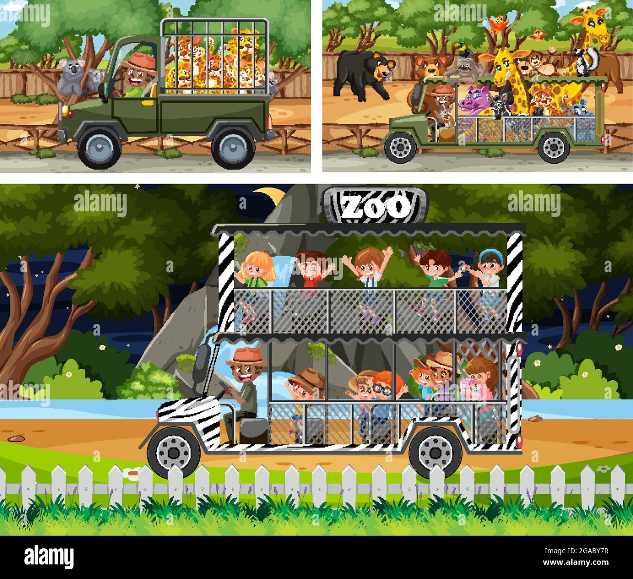 Verschiedene Safari-Szenen mit Tieren und Kinder Cartoon Figur Illustration Stock Vektor