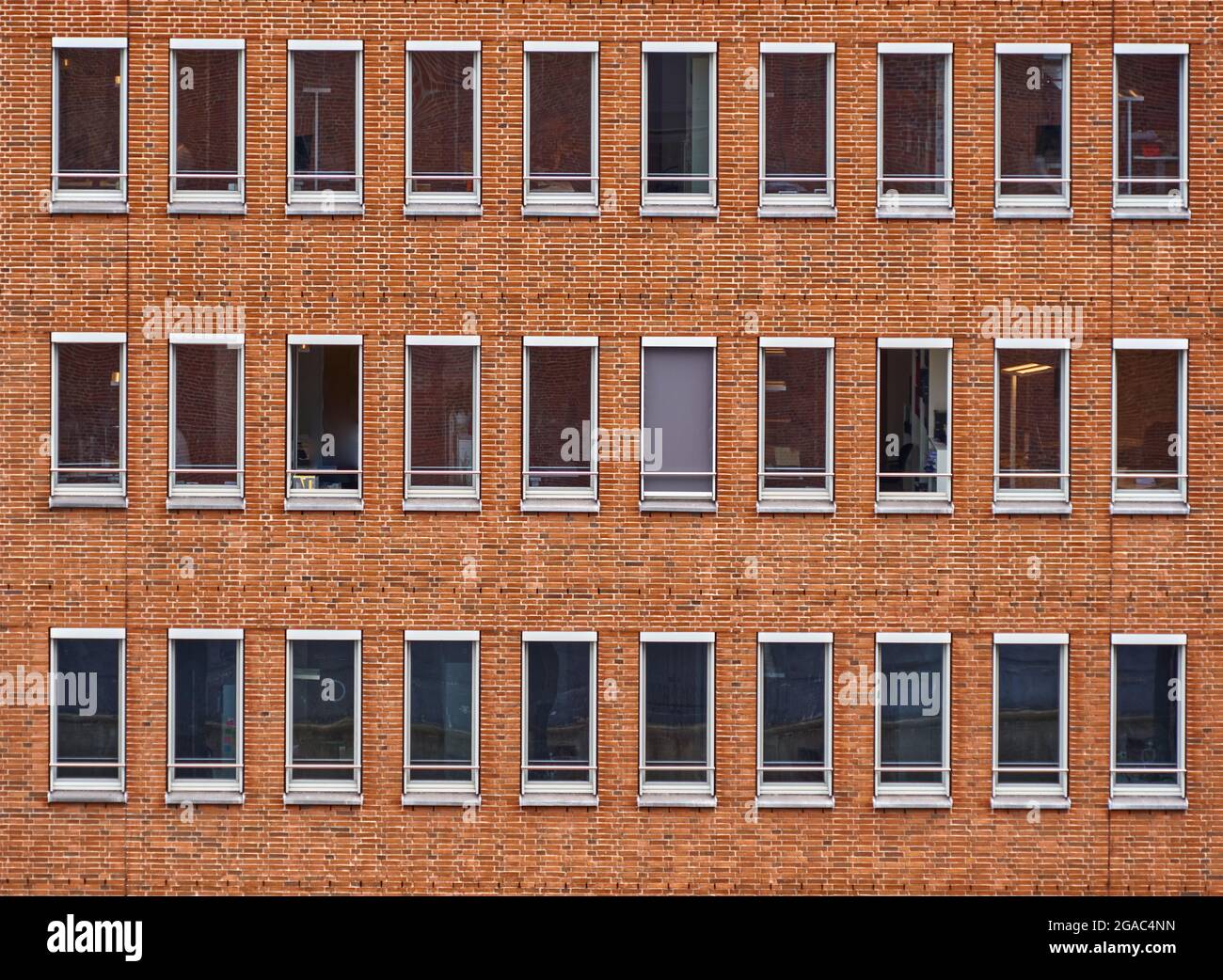Monotone Fassade aus roten Ziegelsteinen eines Bürohochhauses mit langen rechteckigen Fenstern ohne Vorhänge im Stadtzentrum Stockfoto