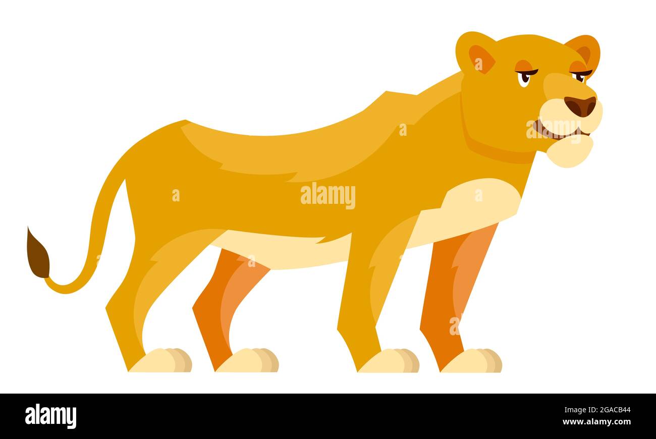 Löwin drei Viertel Ansicht. Afrikanisches Tier im Cartoon-Stil. Stock Vektor
