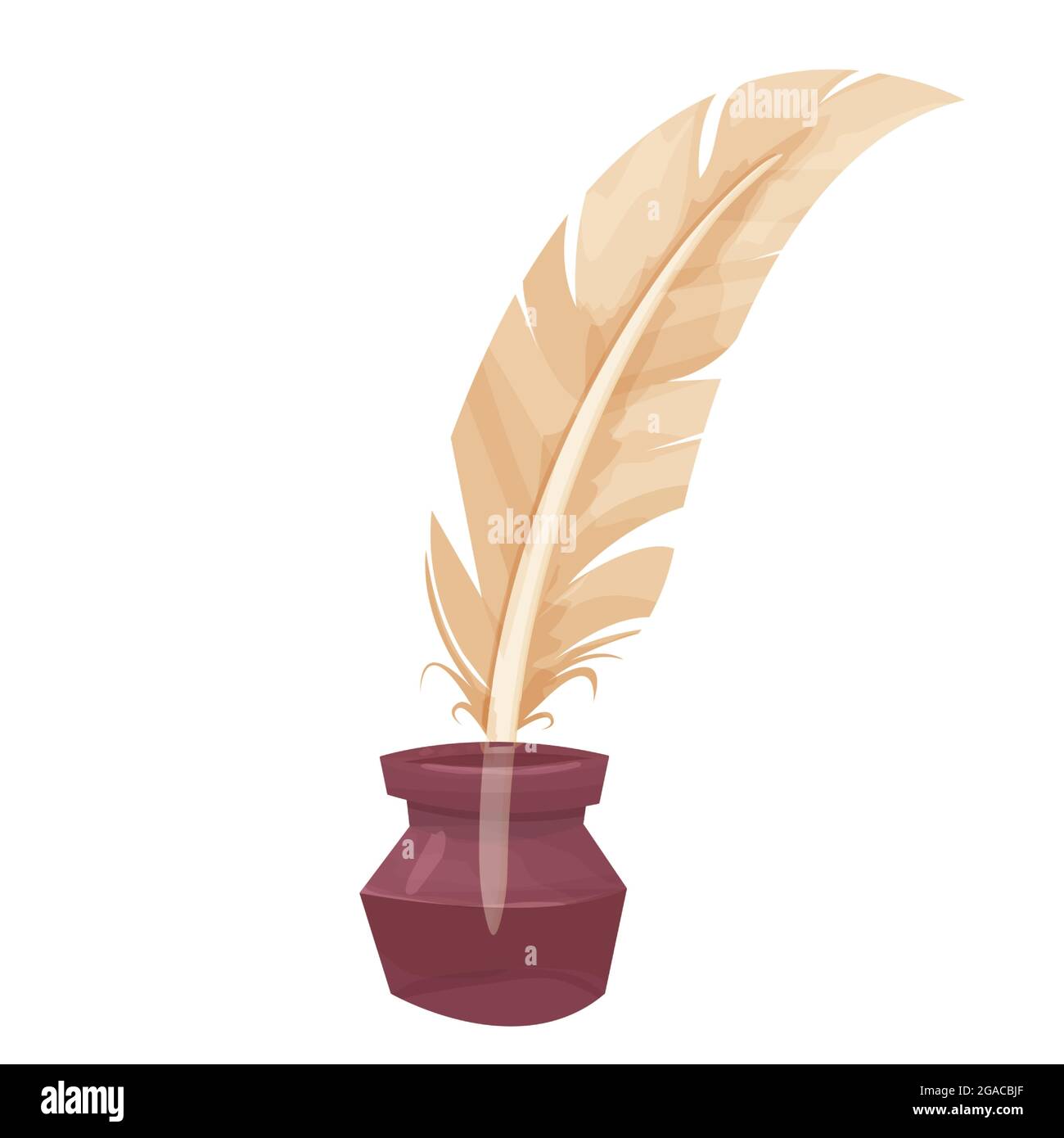 Vogelfeder, alte Feder mit Tintenfass im Cartoon-Stil isoliert auf weißem Hintergrund. Schreibwerkzeug, Ausrüstung. Dekorationselement. Vektorgrafik Stock Vektor