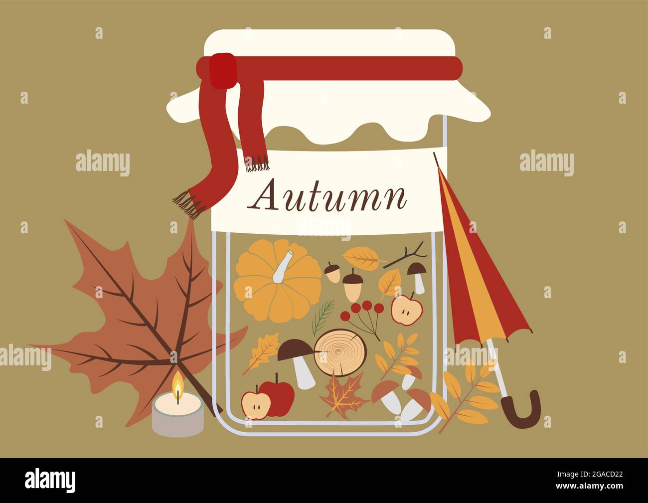 Herbst natürlich flach, in einem Glas mit einem roten Schal gebunden Stock Vektor