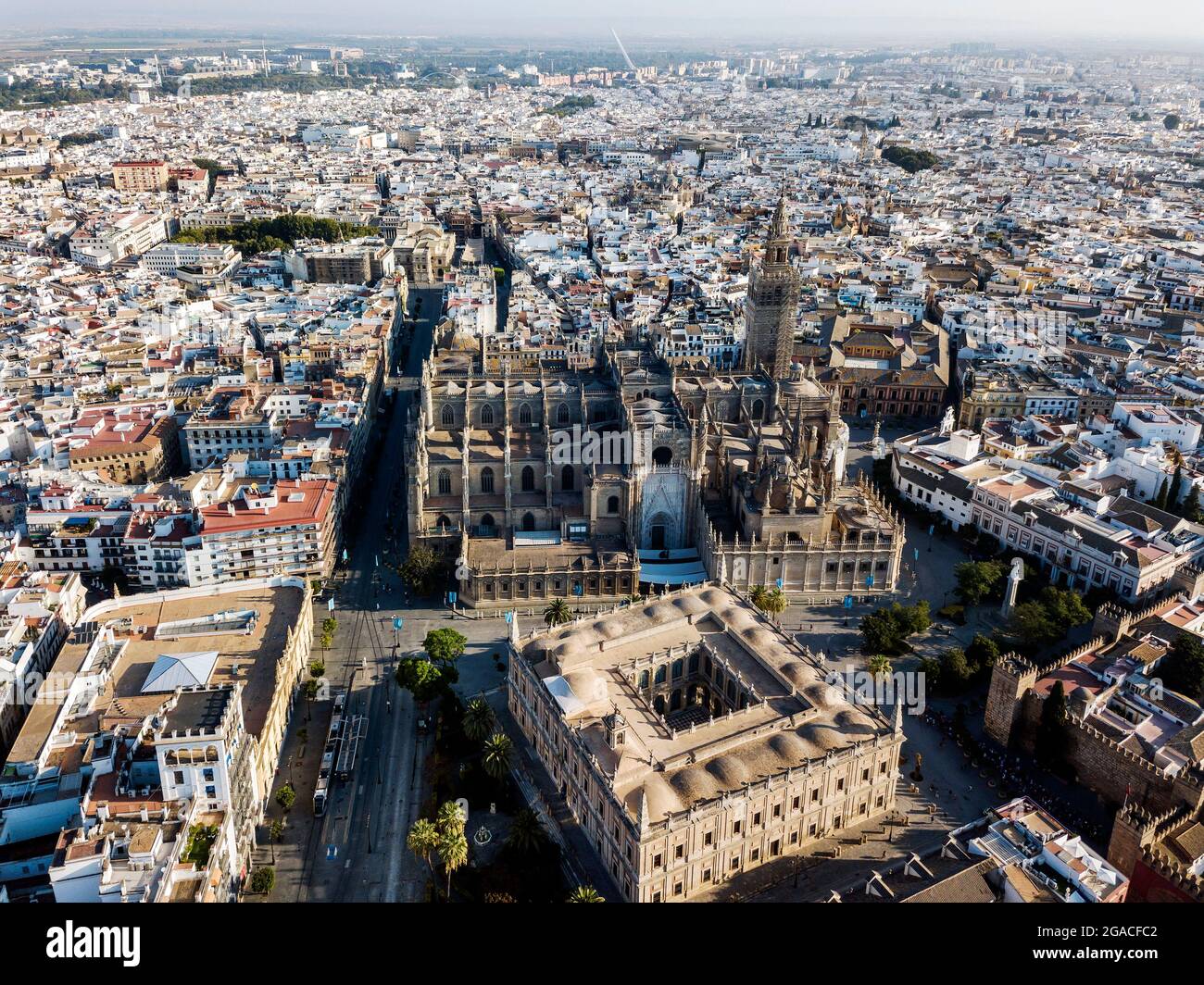 Luftaufnahme von Sevilla mit enormer Kathedrale von Sevilla, Andalusien, Spanien Stockfoto