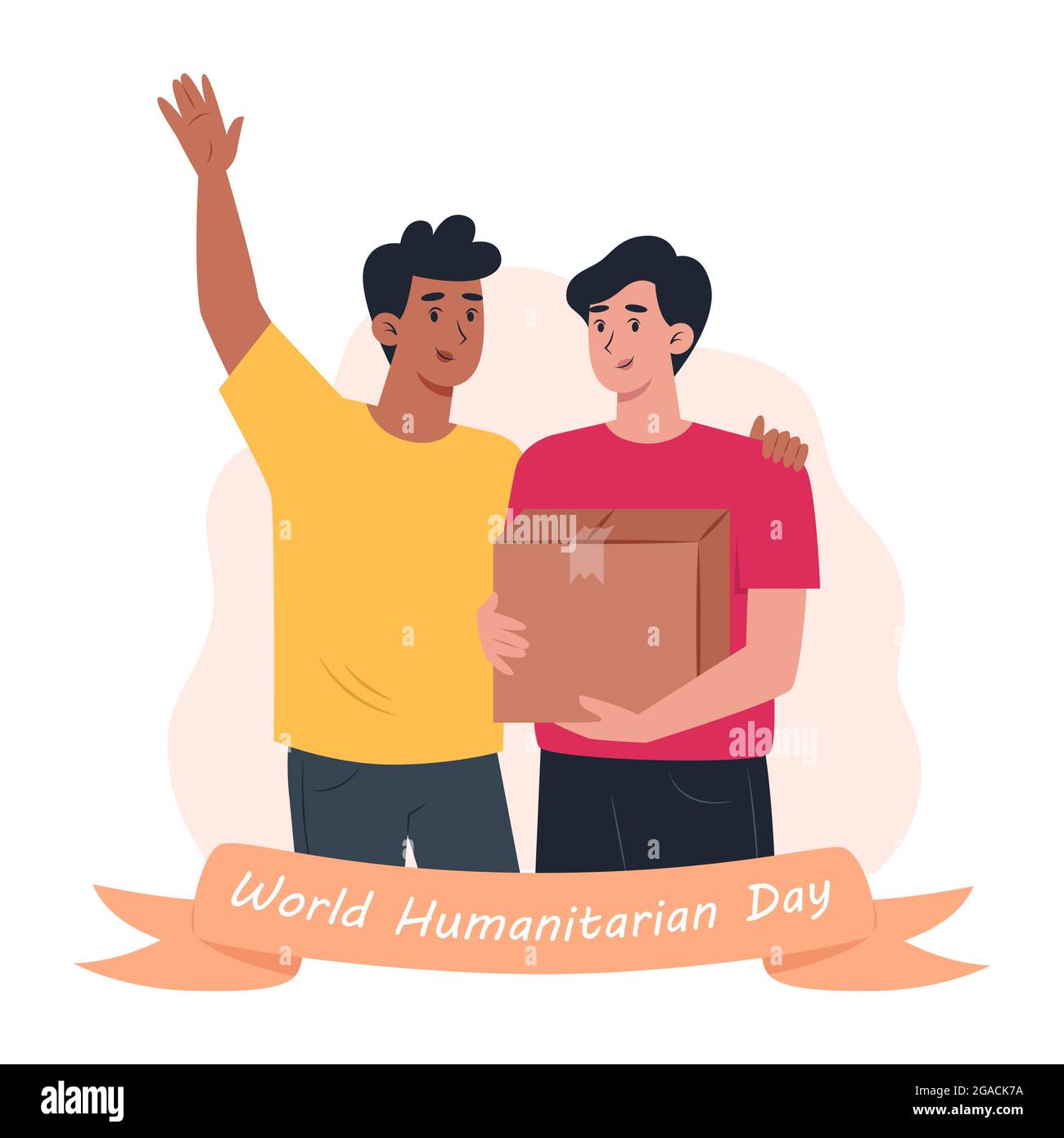 Welttag der humanitären Hilfe, Freiwillige Männer halten Karton Stock Vektor