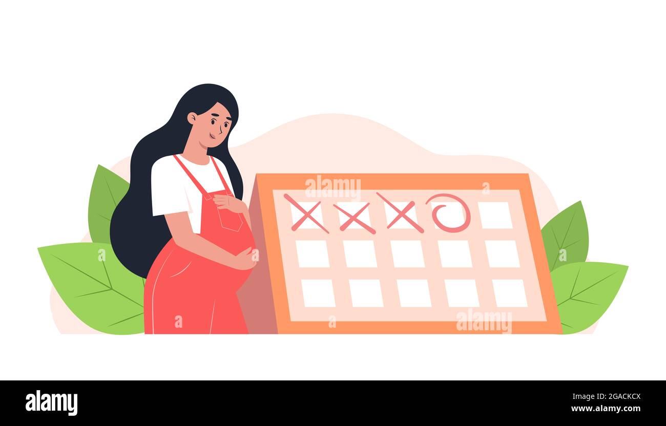 Glückliche Schwangere steht in der Nähe des Kalenders, geplanter Termin mit einem Geburtshelfer-Gynäkologen Stock Vektor