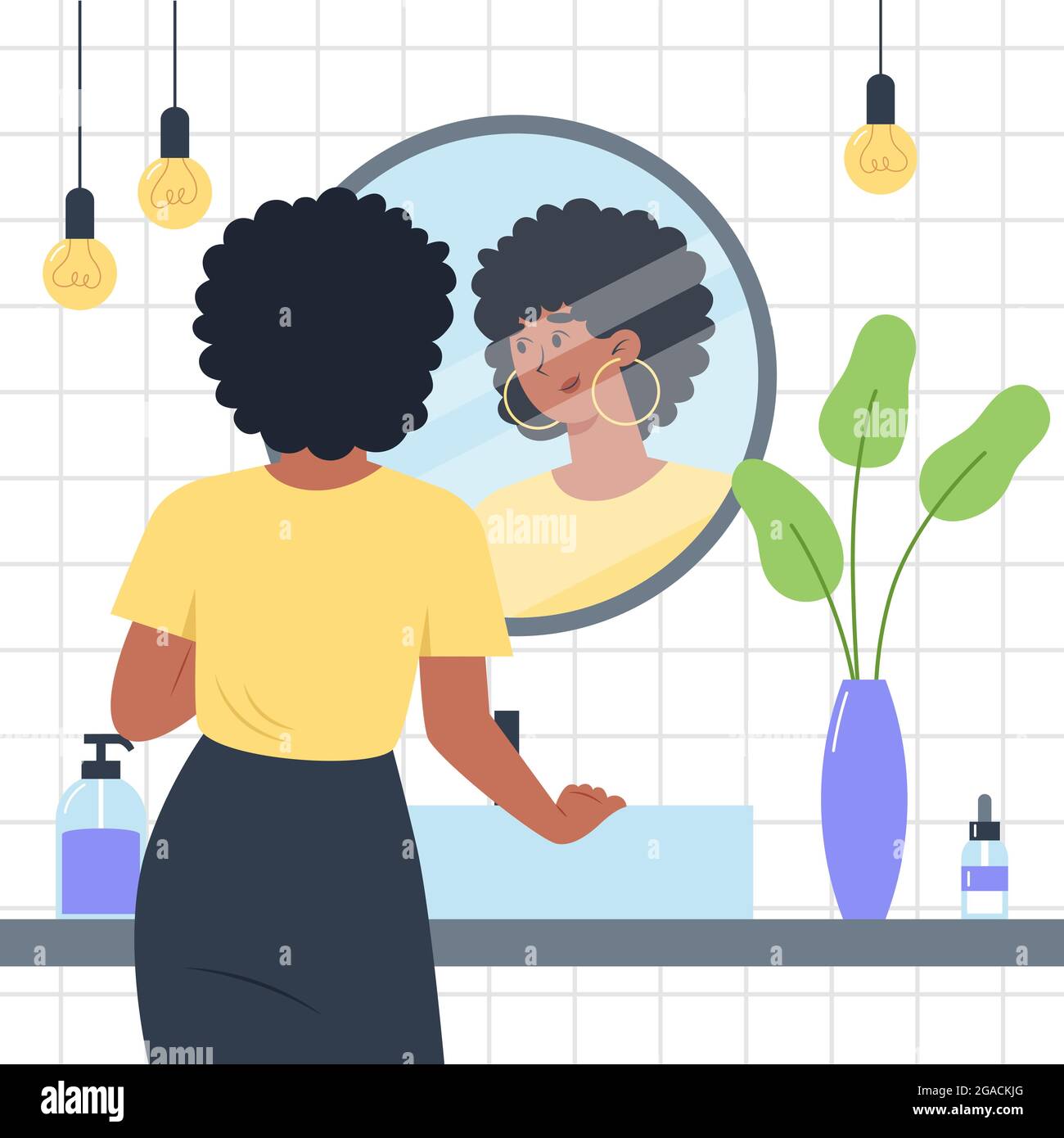 Tägliche Körperpflege, Hautpflege Alltag, Frau steht vor einem Spiegel im Bad und schaut sich reflektiert an Stock Vektor