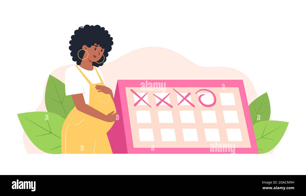 Glückliche Schwangere steht in der Nähe des Kalenders, geplanter Termin mit einem Geburtshelfer-Gynäkologen Stock Vektor
