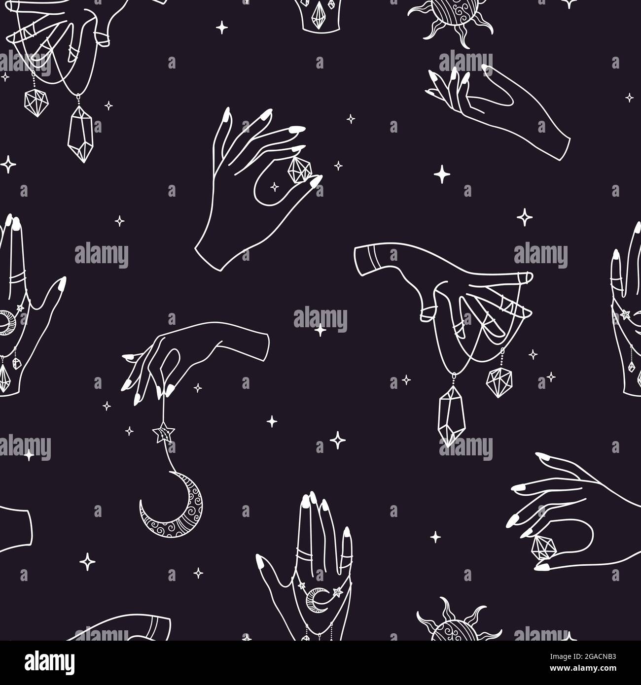 Moderne magische nahtlose Muster, handgezeichnete Symbole und Ornamente, Kristalle, ideal für Textilien, Banner, Tapeten, Umhüllung - Vektordesign Stock Vektor