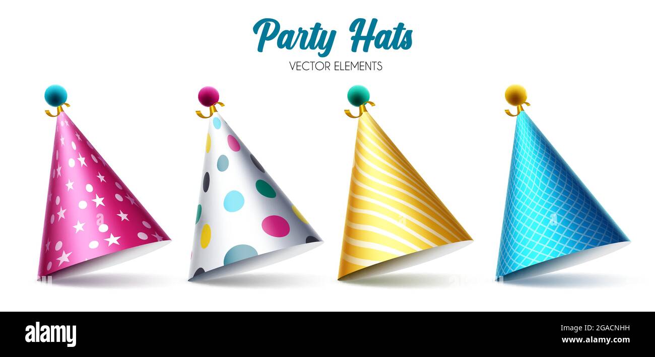 Geburtstagsfeier Hüte Vektor-Set. Bunte Hutelemente isoliert in weißem Hintergrund für die Feier Geburtstag Party Event Dekoration. Stock Vektor
