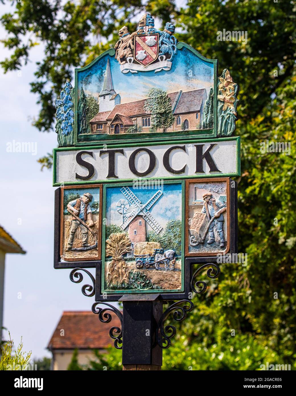 Ein traditionelles Zeichen im schönen Dorf Stock in Essex, Großbritannien. Stockfoto