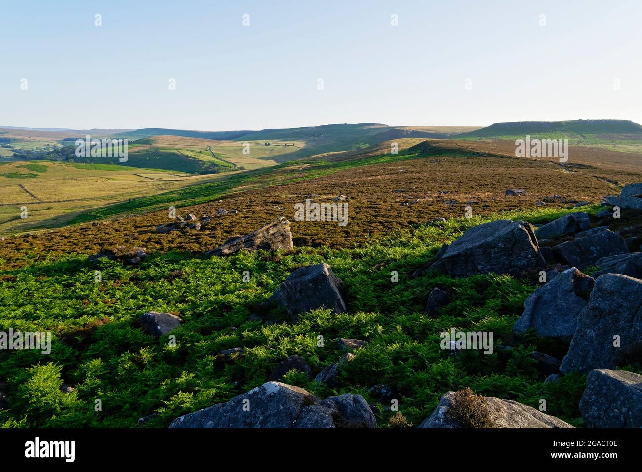 An einem hellen, nebligen Sommermorgen im Derbyshire Peak District entlang der von Felsen übersäten Hänge von Surprise View und über Hathersage Moor. Stockfoto