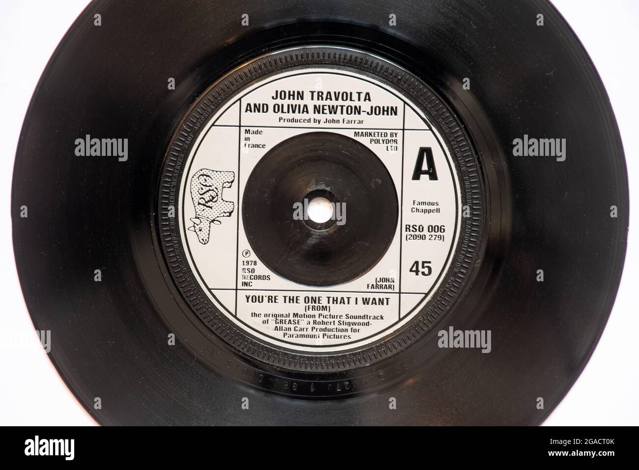 You're the One That I Want von John Travolta und Olivia Newton-John, einem Stockfoto der 7' Single Vinyl-Schallplatte mit 45 U/min im Cover Stockfoto