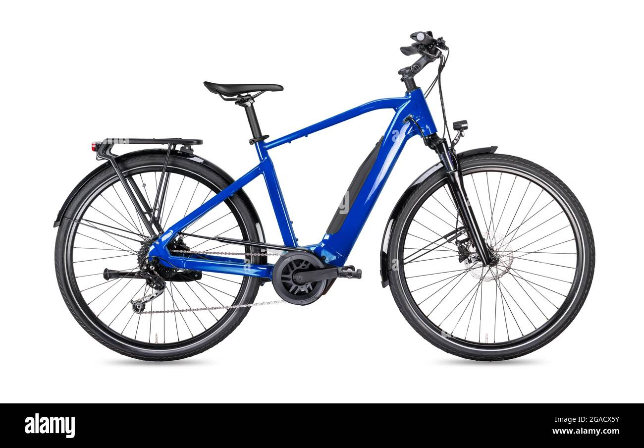 Blaues modernes Herren´s Mid-Drive Motor City Touring oder Trekking E-Bike Pedelec mit Mittelhalterung für Elektromotoren. Batteriebetriebenes E-Bike isoliert auf weißem b Stockfoto