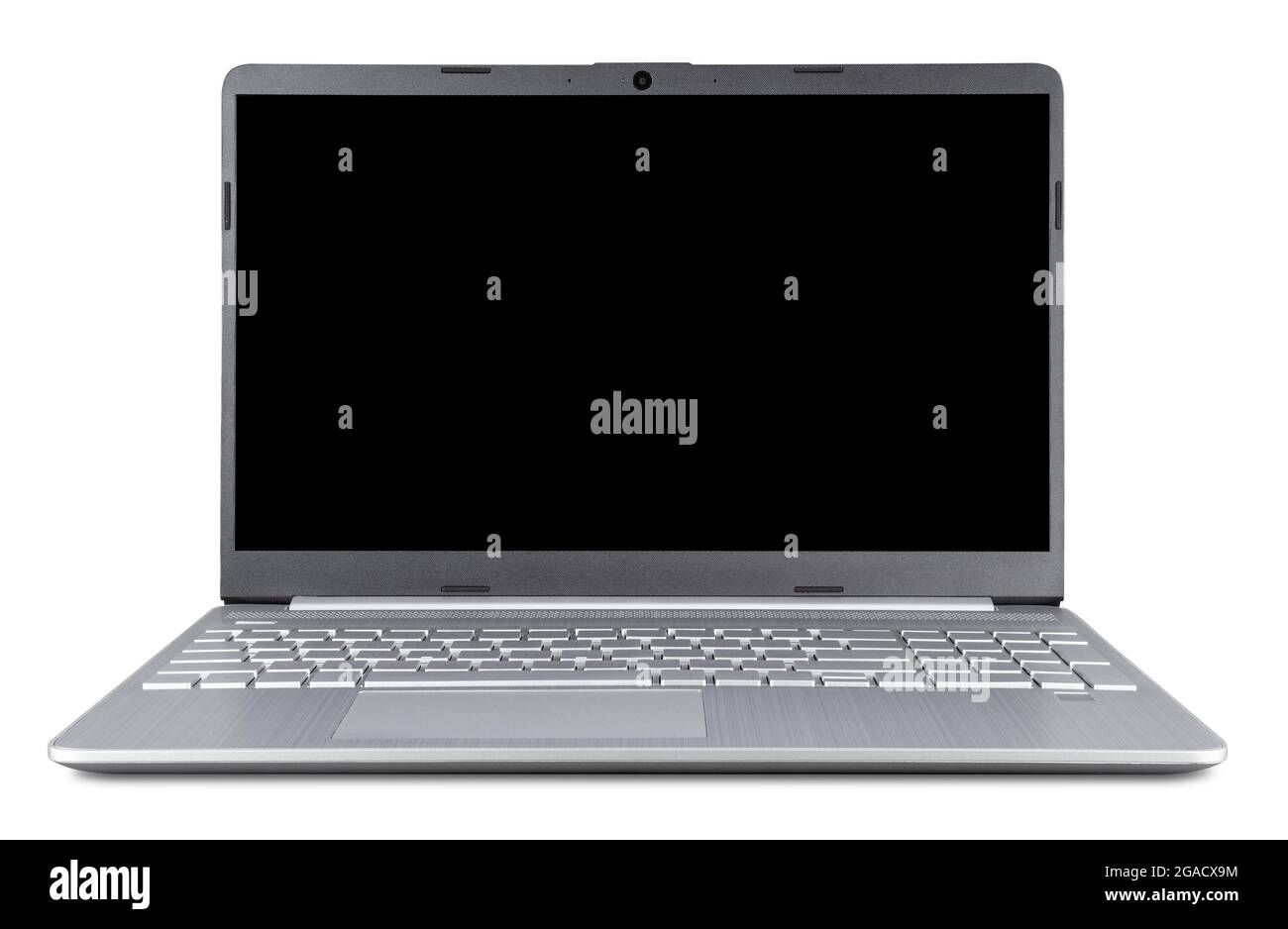 Moderne offene Silber-Metall-Laptop-Notebook-Computer mit Kopierraum leeren Bildschirm isoliert auf weißem Hintergrund. Business Smart Technologie Konzept Stockfoto