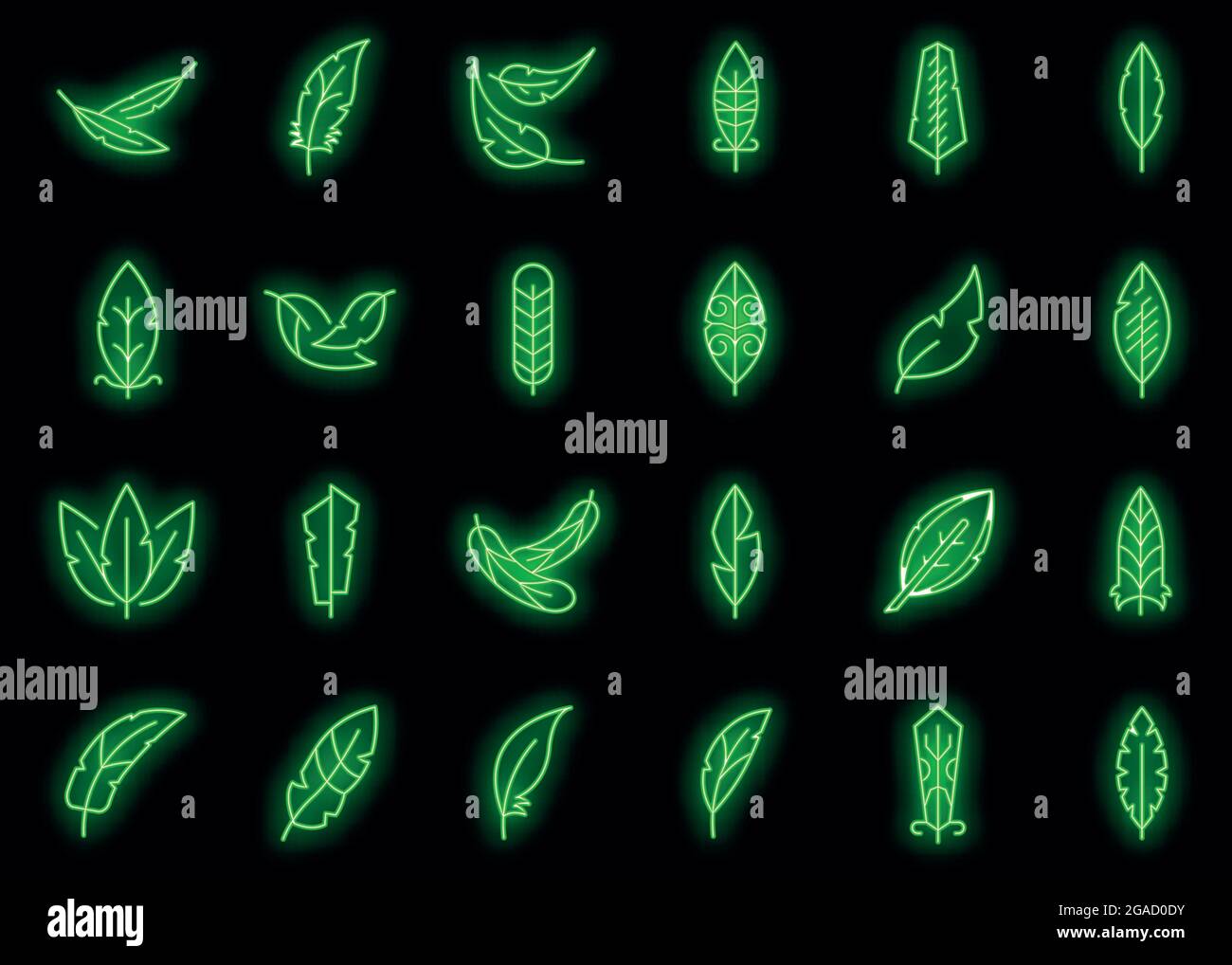 „Feathers“-Symbole. Umreißen Satz von Federn Vektor-Symbole Neonfarbe auf schwarz Stock Vektor