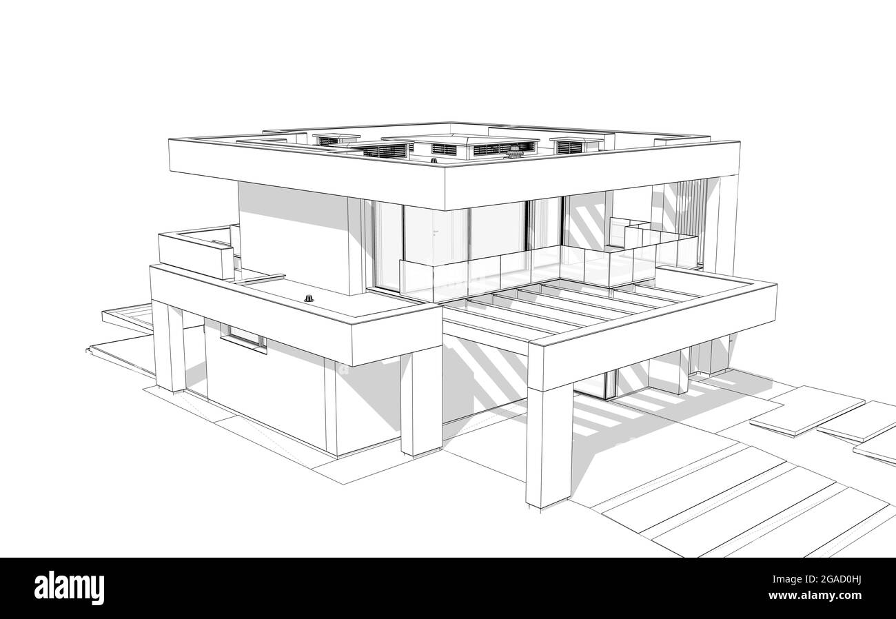 3d-Rendering von modernen gemütlichen Haus mit Pool und Parkplatz zum Verkauf oder zur Miete in luxuriösem Stil. Schwarze Linienzeichnung mit weichen Lichtschatten auf weißem Hintergrund Stockfoto