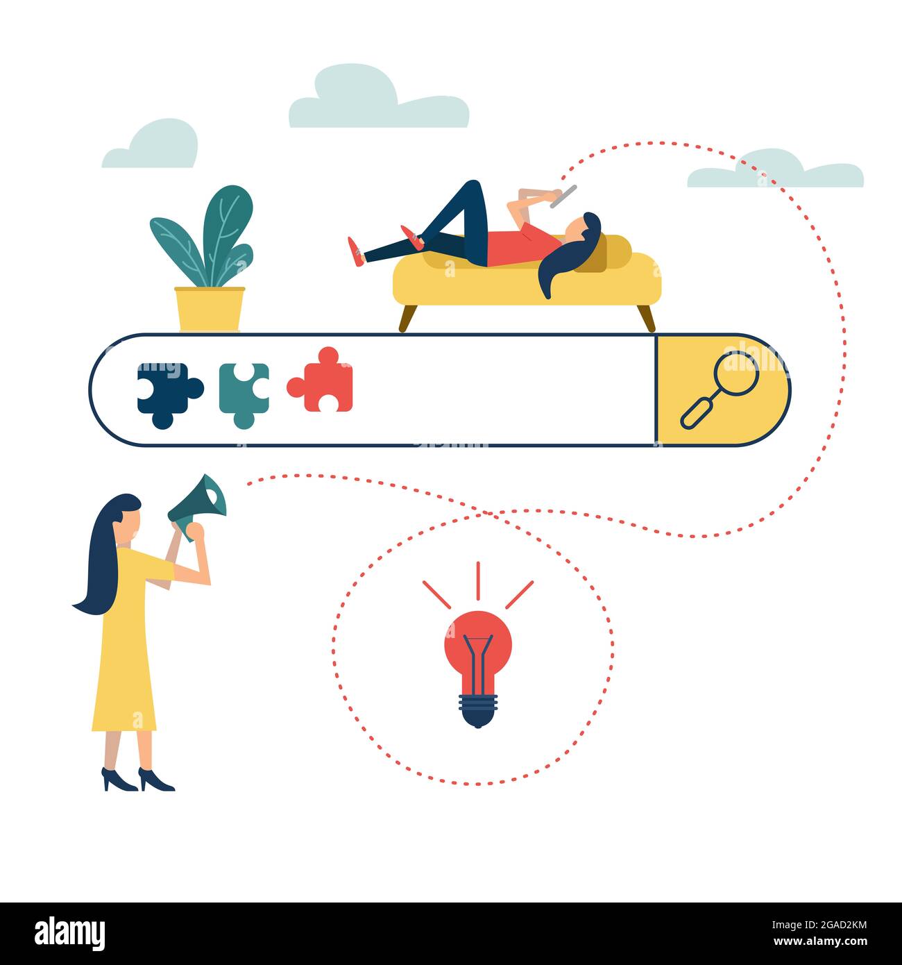 Сonceptual Illustration der Internet-Suche. Darstellung des Internet-Suchkonzepts. Frau sucht im Internet nach Ideen. Mobile Webgrafiken. Stockfoto