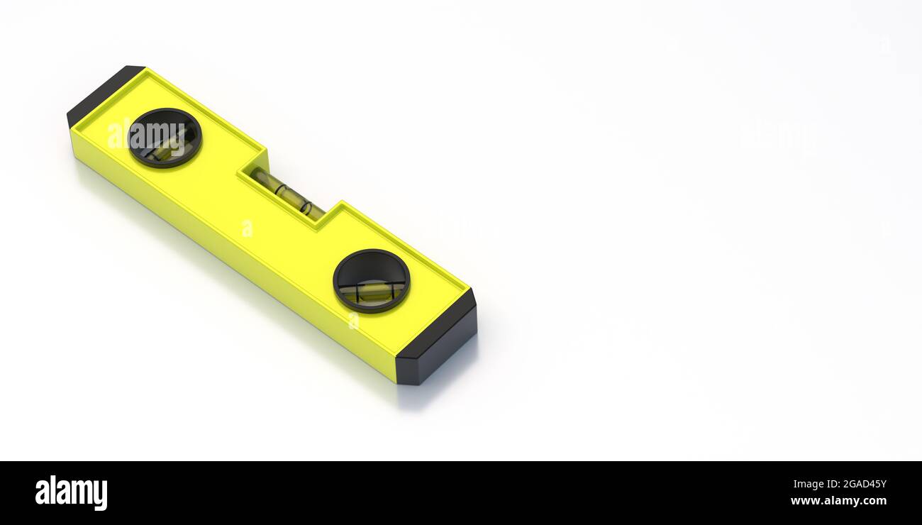 Wasserwaage oder Luftblasenwaage. Gelbes Farbpegelinstrument auf weißem Hintergrund isoliert. Bauschreinerhandwerkzeug, Kopierraum, Schablone. 3d-Grafik Stockfoto