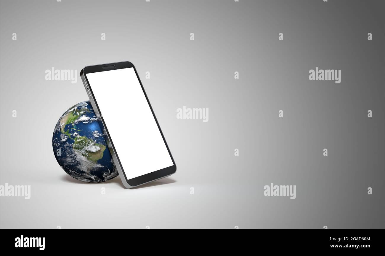 Smartphone mit Erde auf weißem Hintergrund - Erdkarte der NASA - 3D-Rendering Stockfoto