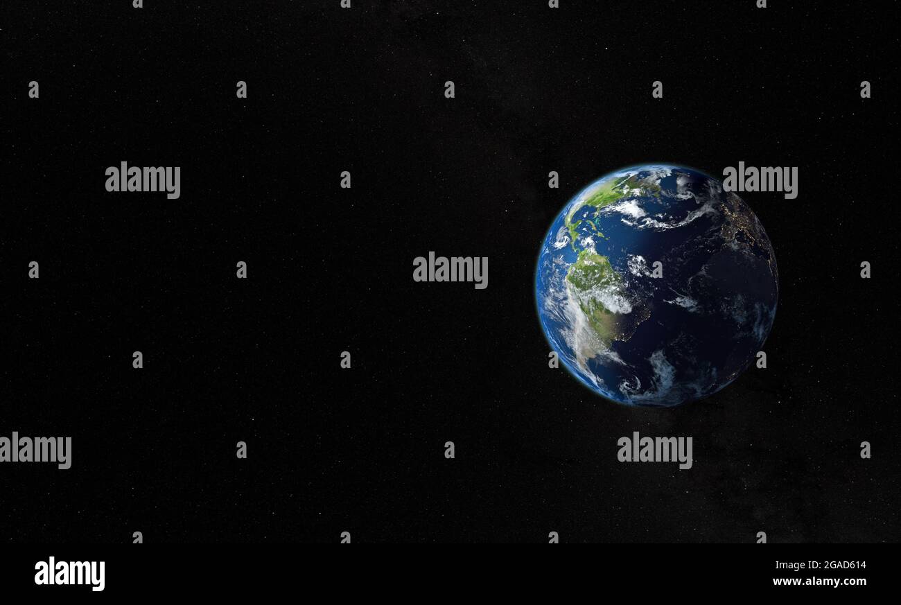Erdplanet mit Stadtlichtern in der dunklen Seite - 3D-Rendering - Karten der NASA : https://visibleearth.nasa.gov/collection/1484/blue-marble Stockfoto