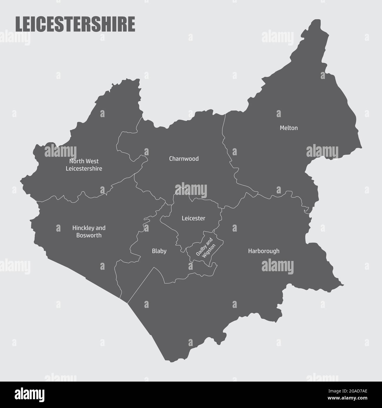 Leicestershire County Karte in Bezirke mit Etiketten unterteilt, England Stock Vektor