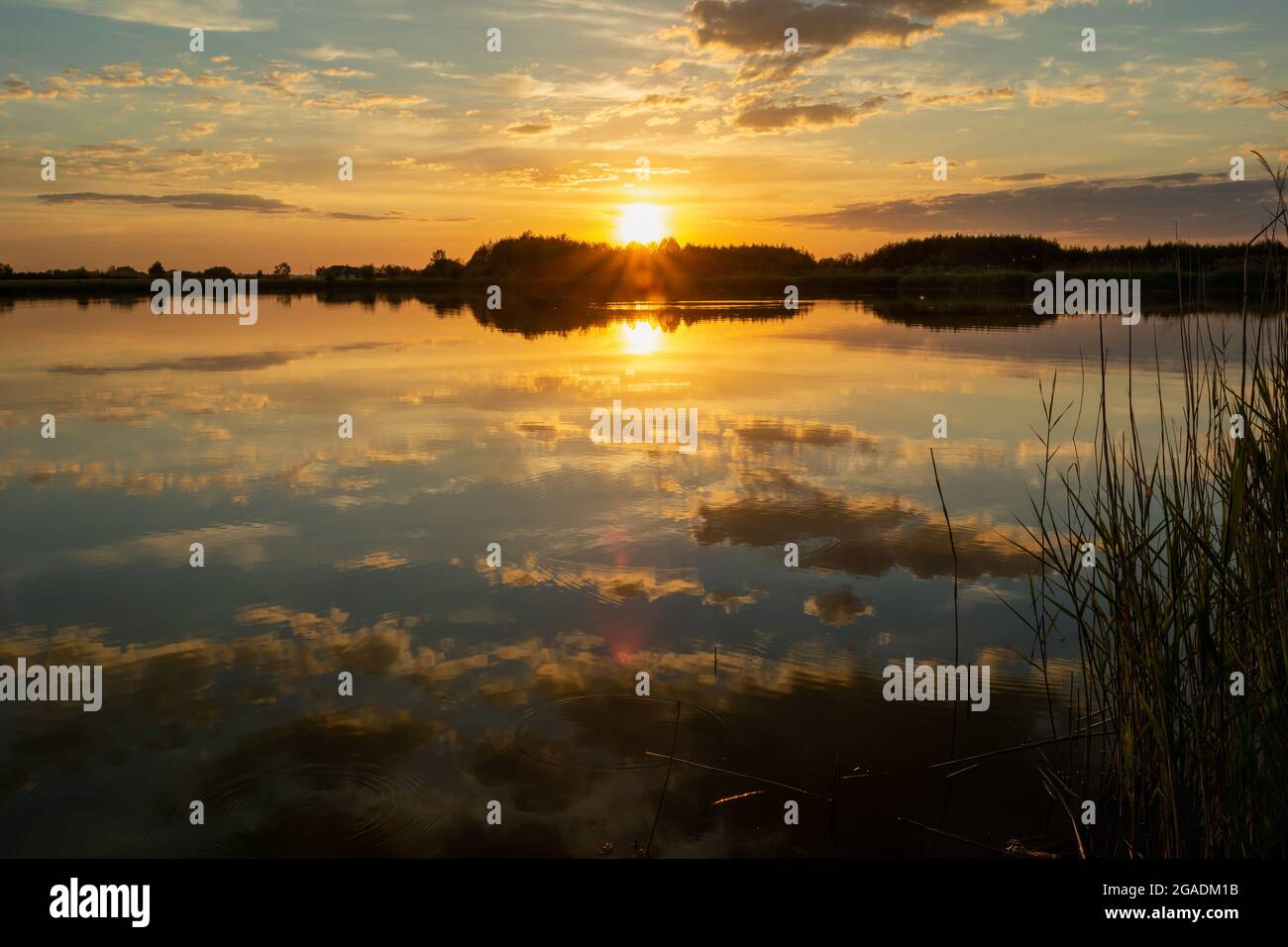 Sonnenuntergang über einem ruhigen See, Frühlingsabend Stockfoto