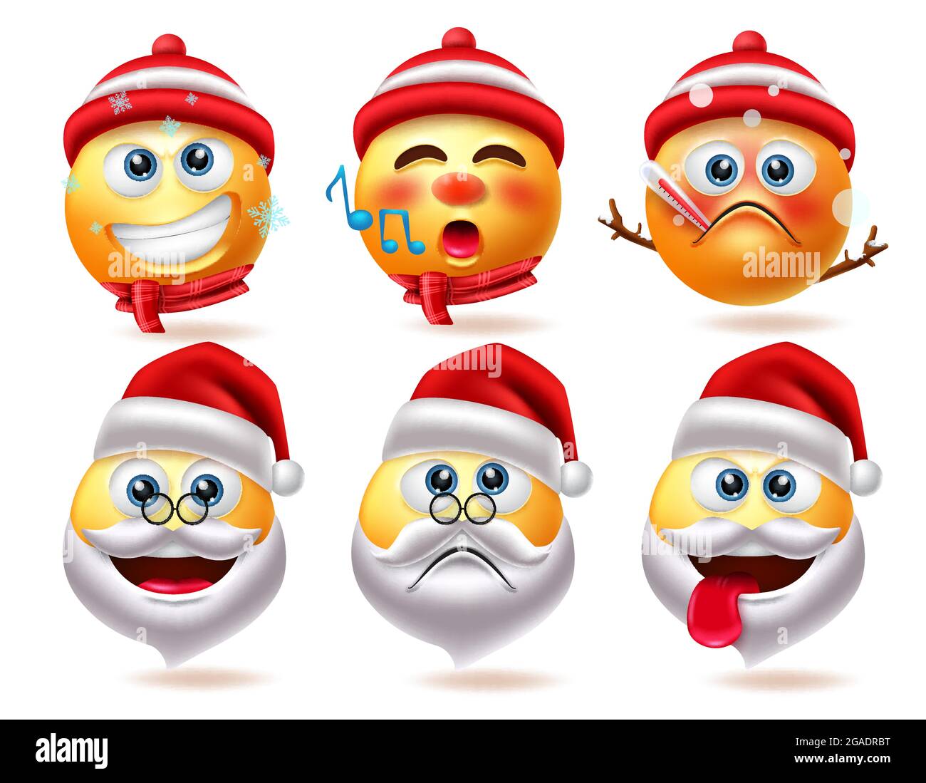 Weihnachten Smiley Zeichen Vektor-Set. Schneemann und santa claus 3d Emoji  Charakter in krank, singen, traurig und frech Mimik für süße Weihnachten  Stock-Vektorgrafik - Alamy