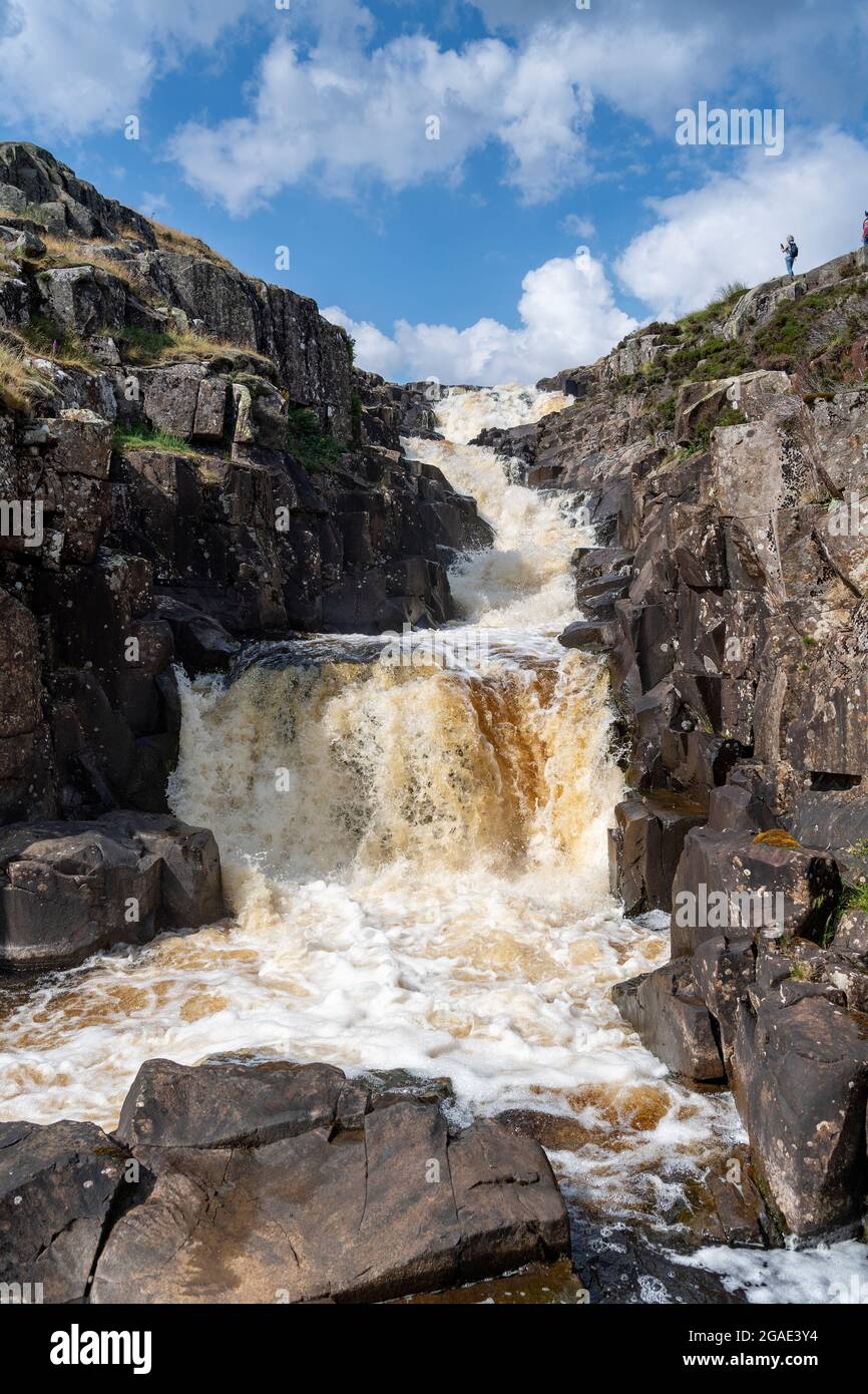 Cauldron Snout, ein Wasserfall auf dem River Tees in der Nähe des Cow Green Reservoirs und entlang des Pennine Way. County Durham, Großbritannien. Stockfoto