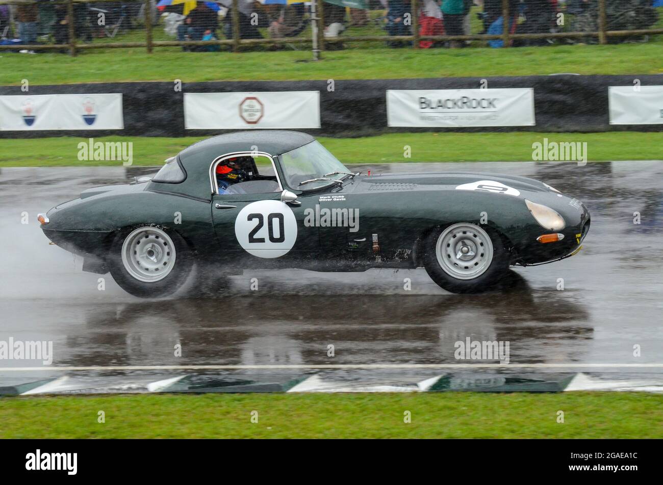 Jaguar E Type-Rennwagen, der beim RAC Tourist Trophy-Langstreckenrennen beim Goodwood Revival 2013 bei nassem Wetter teilhat. Regen Stockfoto