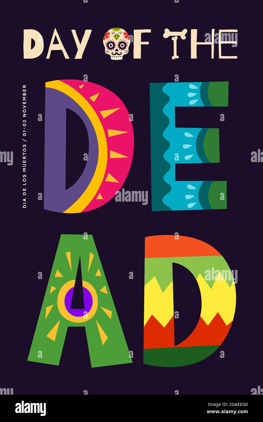 Mexikanisches Karneval-Vektor-Poster zum Tag der Toten. Dia de Los Muertos Nationalfestival Grußkarte mit farbenfrohem Schriftzug und Totenkopf. Mexiko Religiöse november Urlaub Banner eps Design Vorlage Stock Vektor