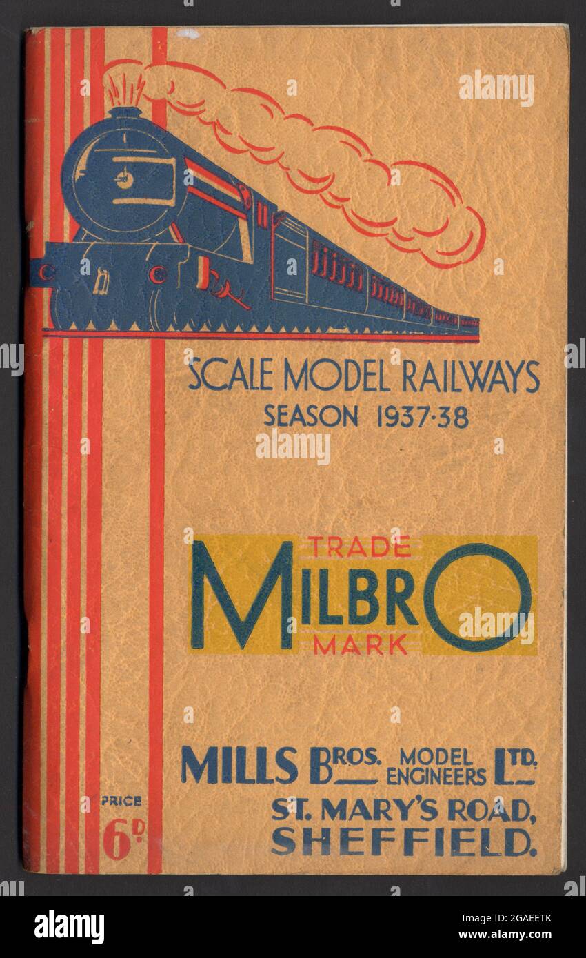 Milbro Trains waren eine von mehreren kleineren britischen Modellbahnunternehmen, die auf dem Markt vor und nach dem Krieg tätig waren. Mit Sitz in Sheffield belieferten sie Motoren, Fahrzeuge und Reisebusse sowie Modellstationen und Gleise. Heute weitgehend vergessen, sind ihre Modelle immer schwerer zu finden. Dieser Katalog stammt aus dem Jahr 1937 und hat ein attraktives Art-Deco-Design. Die Firma Mills Brothers wurde in den 1920er Jahren gegründet und begann bald darauf mit der Produktion von Modelleisenbahnen. Die Zugproduktion wurde irgendwann in den 1940er Jahren verkauft und umgezogen. Stockfoto