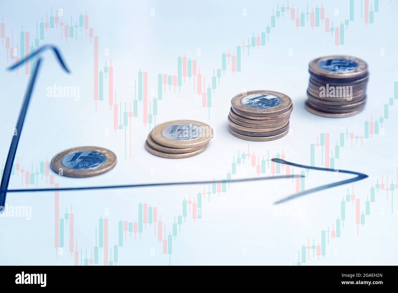 Münzen auf weißem Hintergrund und Richtungspfeilen, die das Wachstum von Zeit und Gewinn anzeigen, sowie Candlestick - Finanz-, Einkommens- und Zinskonzept Stockfoto