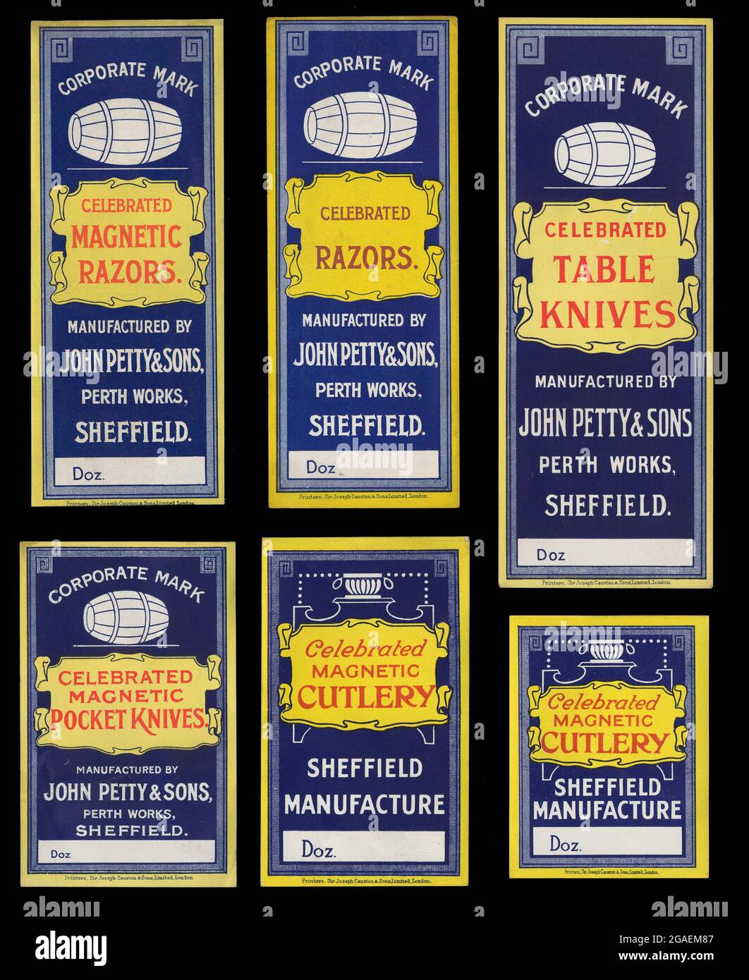 John Petty and Sons, Perth Works, Garden Street, Sheffield. Unbenutzte Verpackungsetiketten für Kartons mit Magnetrasierern, magnetischen Taschenmessern, Rasierern, Besteck, gefeierten Tischmessern. Entwürfe um 1900, diese wurden wahrscheinlich in den 1920er Jahren gedruckt. Stockfoto