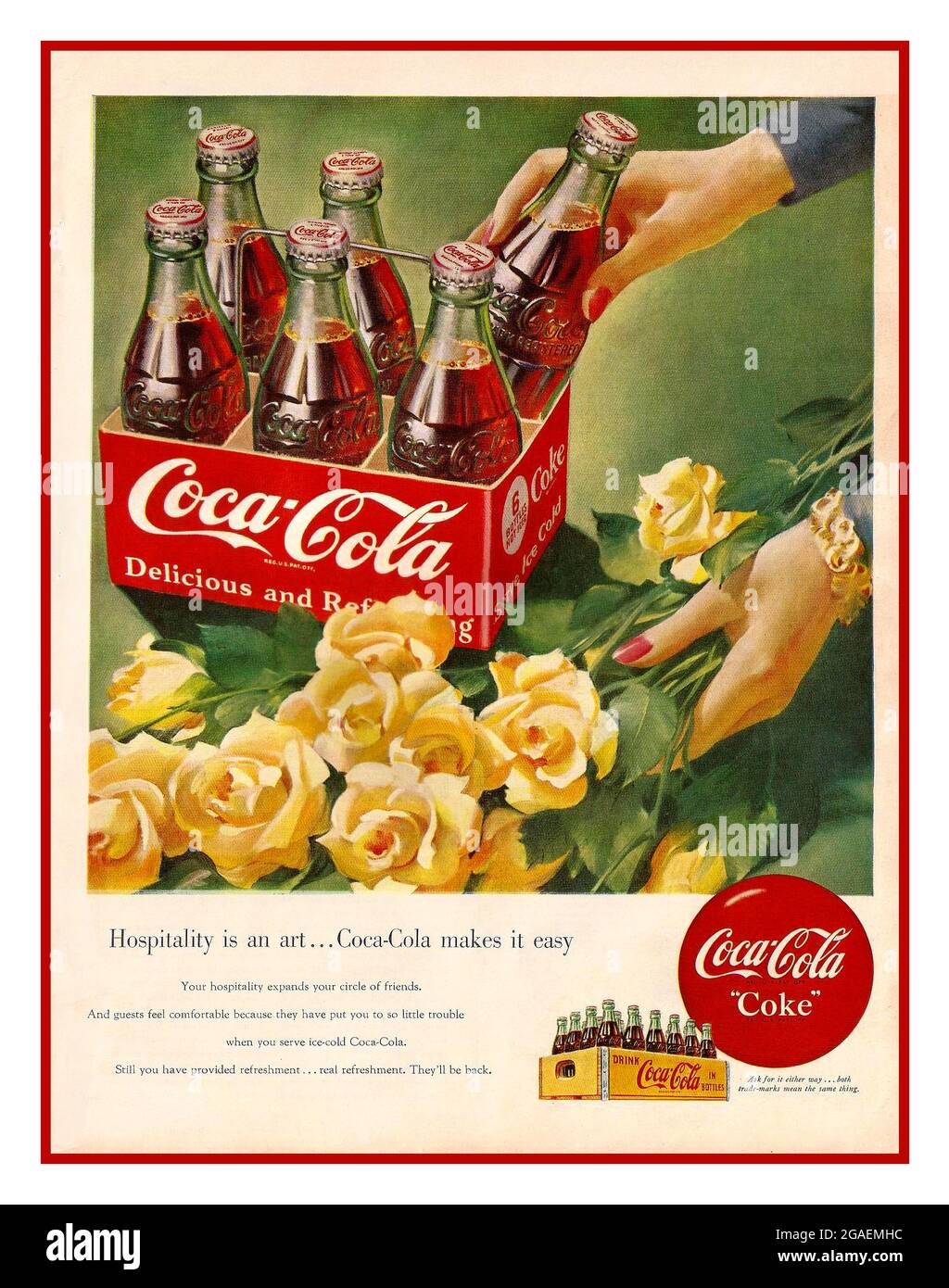 Coca Cola Werbeplakat der 40er Jahre ‘'Gastfreundschaft ist eine Kunst. Coca Cola macht es einfach..“ Stockfoto