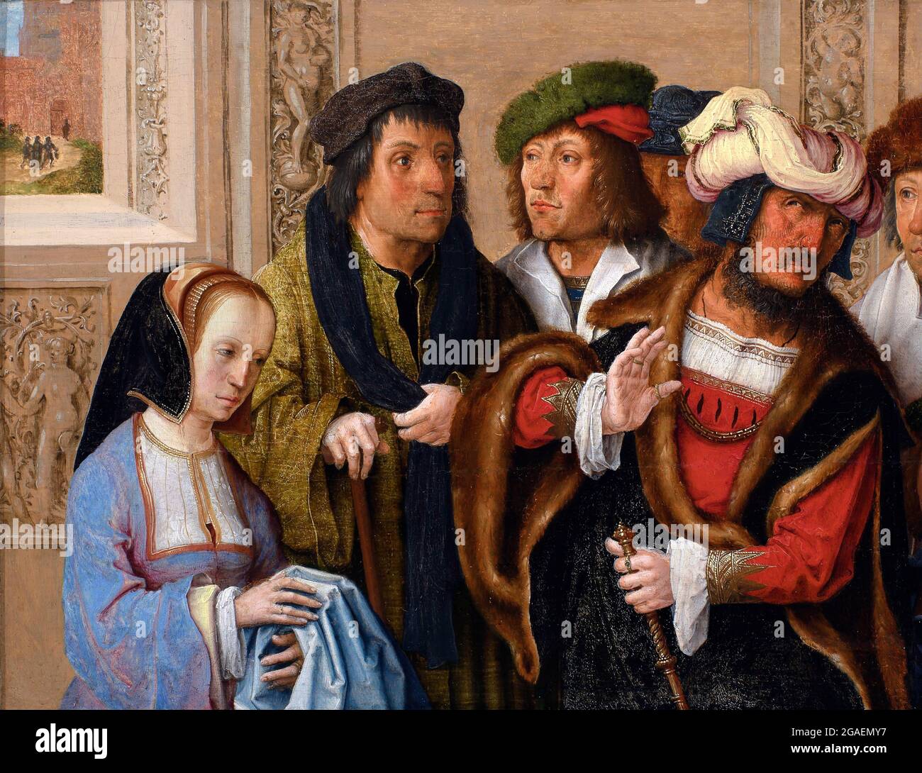 Potiphars Frau zeigt Josephs Kleidung von Lucas van Leyden (1494-1533), Öl auf Tafel, 1512 Stockfoto