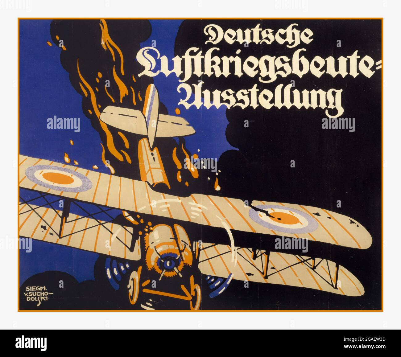 Das WW1-Poster 1918 zeigt einen brennenden britischen Doppeldecker der RAF, der auf den Boden stürzt. Deutsche Propaganda 1. Weltkrieg Deutsche Luftkriegsbeute Ausstellung / Siegm. v. Suchodolski. Urheber: Suchodolski, Siegmund von, 1875-, artist Archiv für Zeitgeschichte und Publizistik, DLC , Erstellungsdatum: [S.L. : s.n., 1918] Medium: 1 Print (Poster) : Lithographie, Farbe ; 69 x 87 c: Poster gegen britische Propaganda brennend britischer Doppeldecker, der zu Boden stürzt. Stockfoto