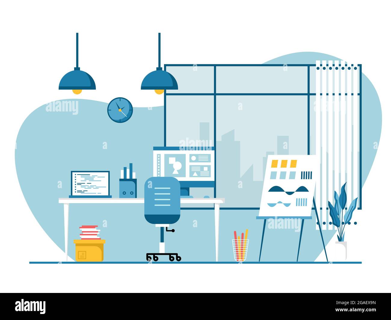 Arbeitsplatz und Arbeitsplatz flaches Design, Konzept von Schreibtisch oder Büroeinrichtung mit Möbeln. Modernes Bürozimmer mit Computer, Tisch und Ausstattung Stockfoto