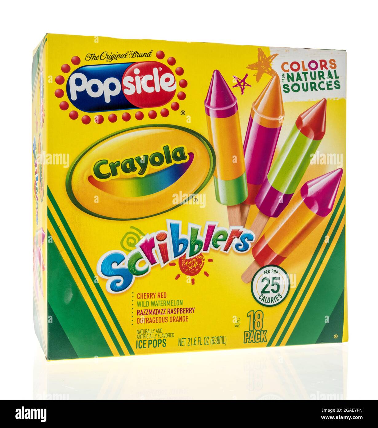 Winneconne, WI -30 Juli 2021: Ein Paket der ursprünglichen Marke popscile Crayola Scribblers auf einem isolierten Hintergrund Stockfoto