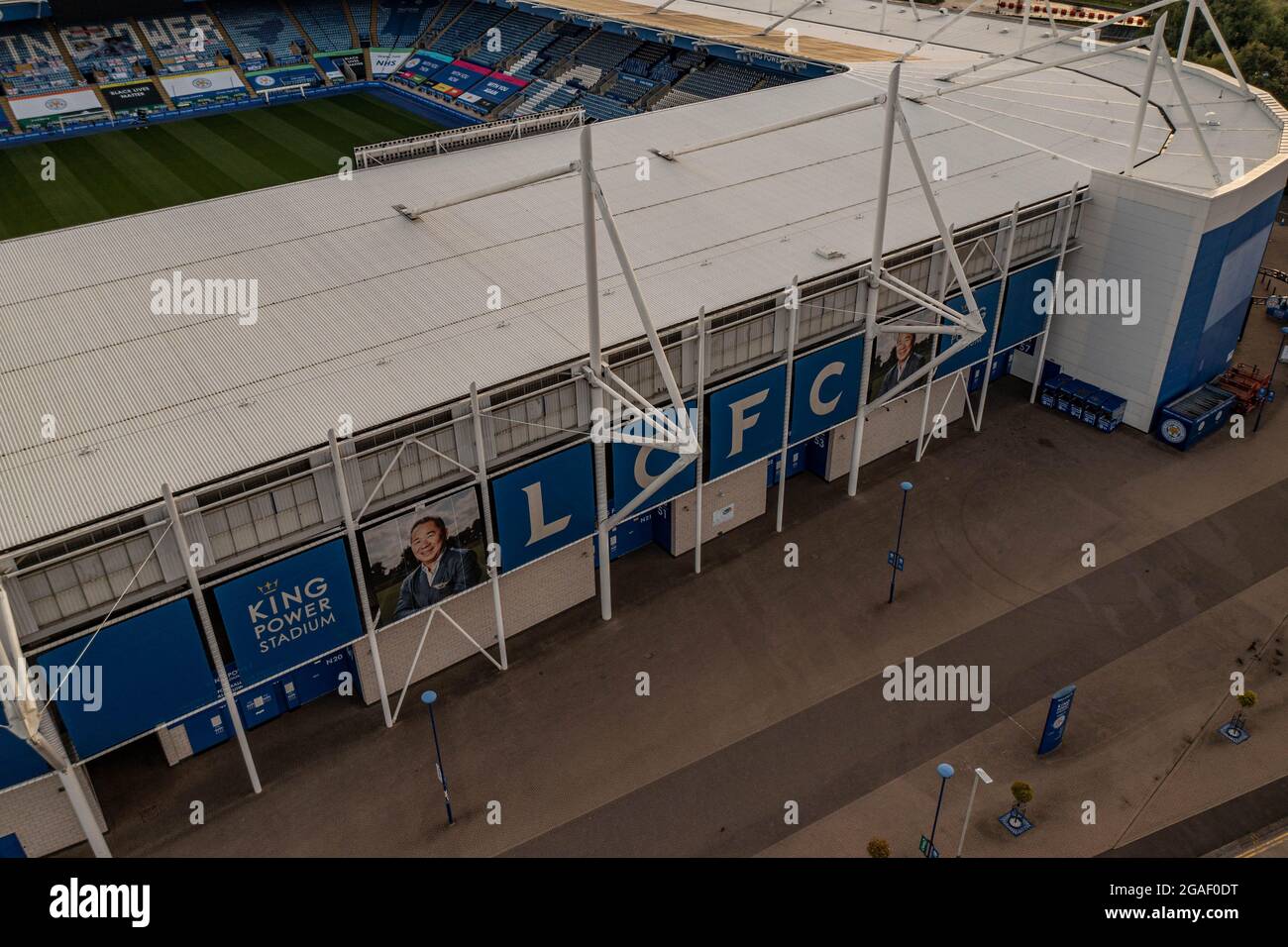 King Power Stadium Heimstadion der ehemaligen Premier League Champions Leicester City Football Drone Aerial Crash Site des Hubschraubers Vichai Srivaddhanaprabha Stockfoto