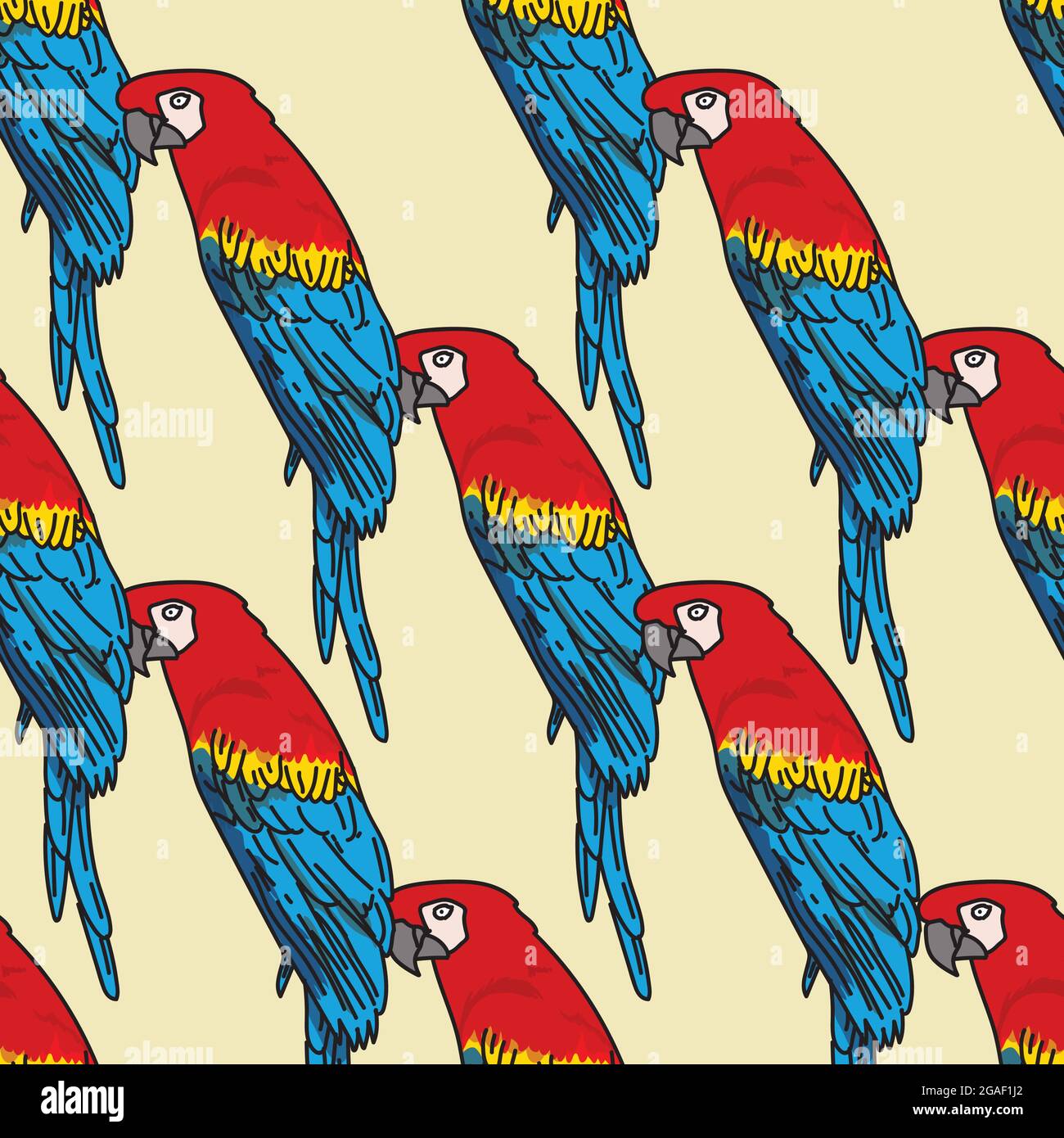 Vektor orange Hintergrund tropische Vögel, Papageien, Ara, exotische Kakadu Vögel. Nahtloser Musterhintergrund Stock Vektor