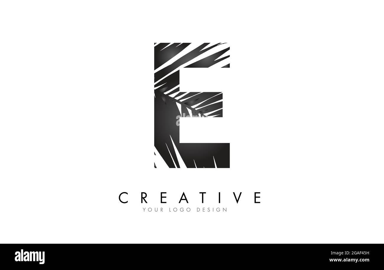 Black Leaf E Letter Logo-Design mit Palmenblatt Detail Vektor-Illustration. Kreative und elegante Ikone. Stock Vektor