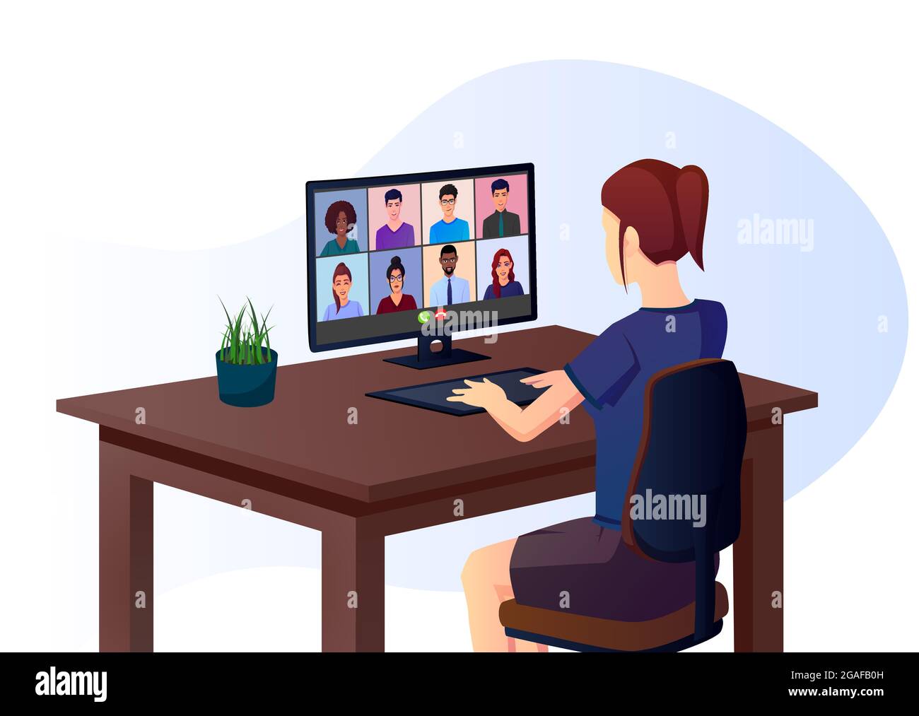 Mädchen Teilnahme online metting durch Gruppenanruf Premium Vector Illustration Stock Vektor