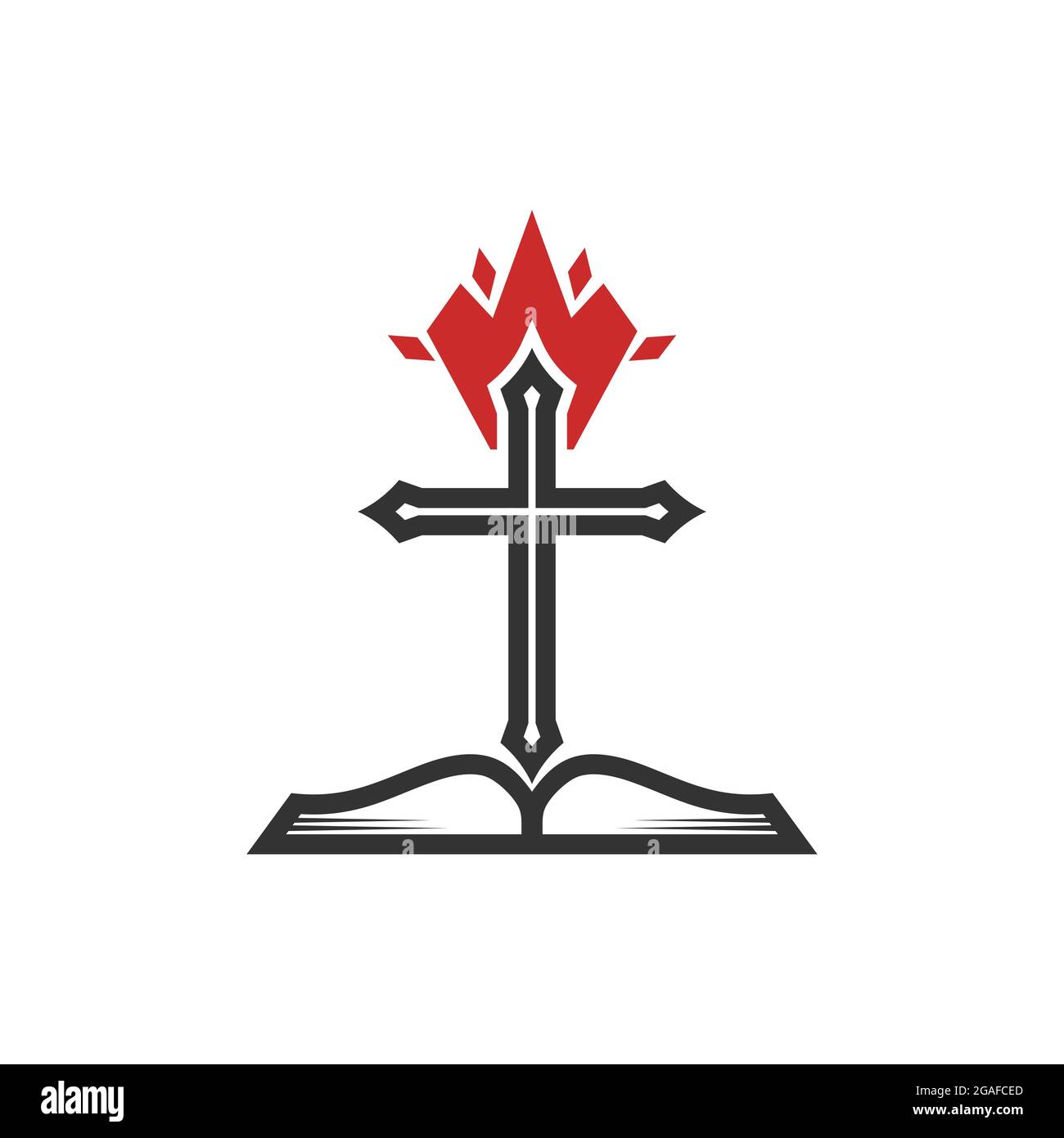 Christliche Illustration. Kirchenlogo. Das Kreuz des Herrn Jesus Christus, eine offene Bibel und eine Feuerflamme sind ein Symbol des Heiligen Geistes. Stock Vektor