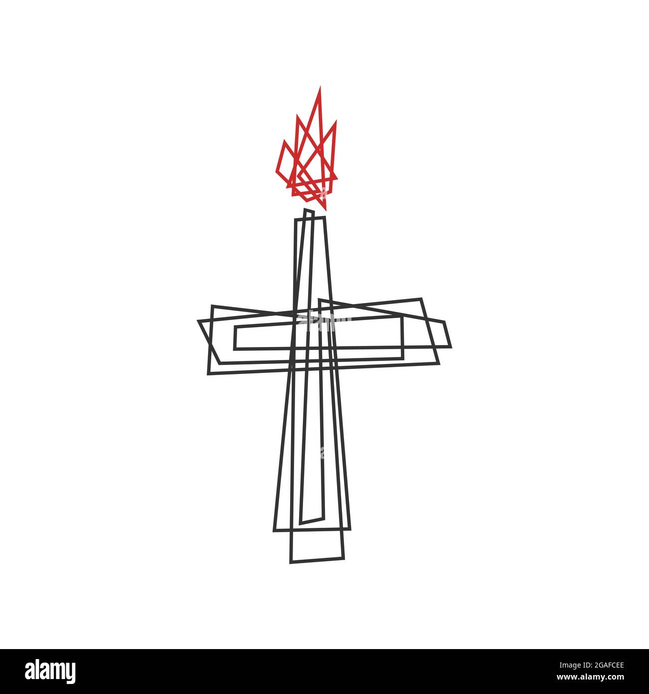Christliche Illustration. Kirchenlogo. Das Kreuz des Herrn Jesus Christus und die Flamme des Feuers. Stock Vektor
