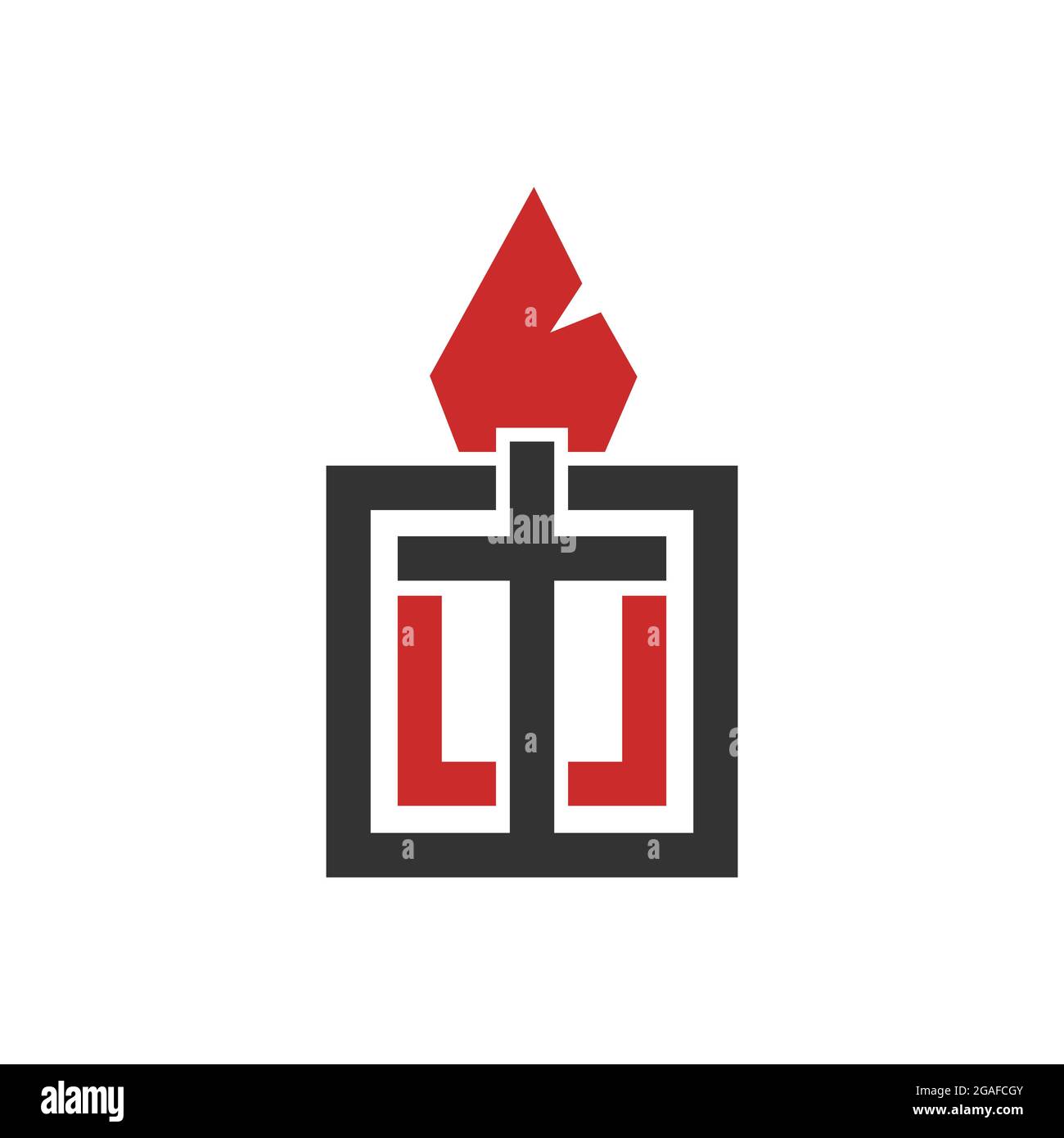 Christliche Illustration. Kirchenlogo. Das Kreuz des Herrn Jesus Christus, eine offene Bibel und eine Feuerflamme sind ein Symbol des Heiligen Geistes. Stock Vektor