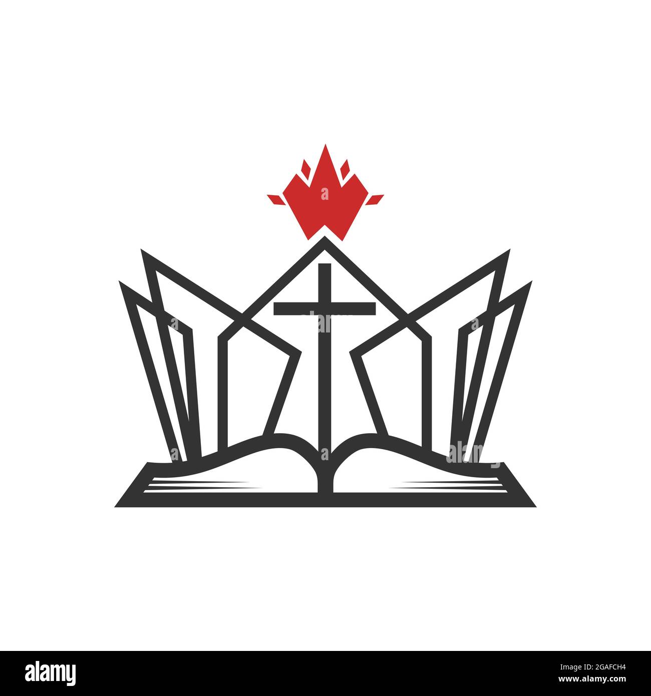 Christliche Illustration. Kirchenlogo. Die Krone des Königs und des Herrn Jesus Christus in der Bibel, über der Flamme des Geistes. Stock Vektor