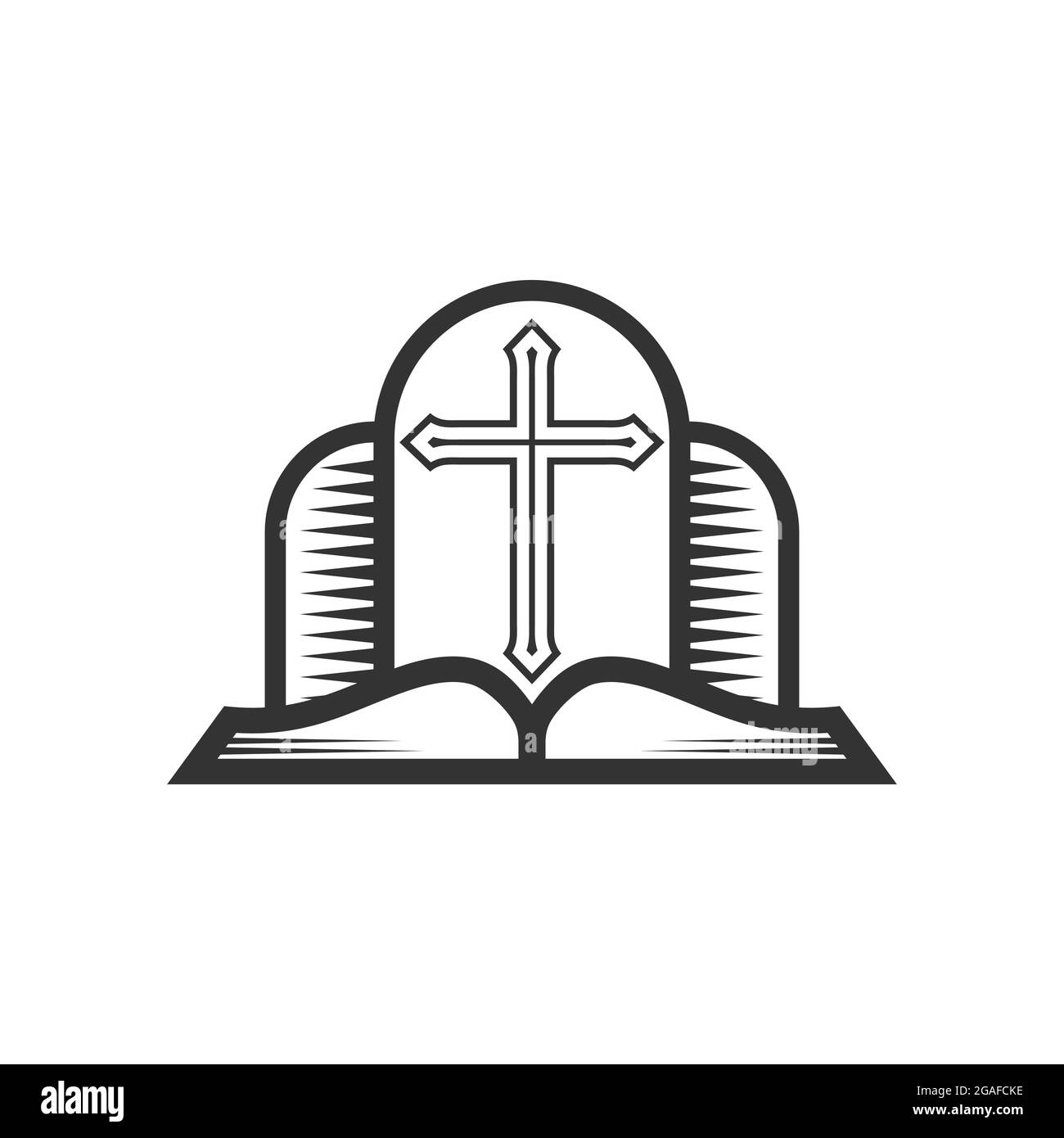 Christliche Illustration. Kirchenlogo. Kreuz des Herrn Jesus Christus und offene bibel. Stock Vektor