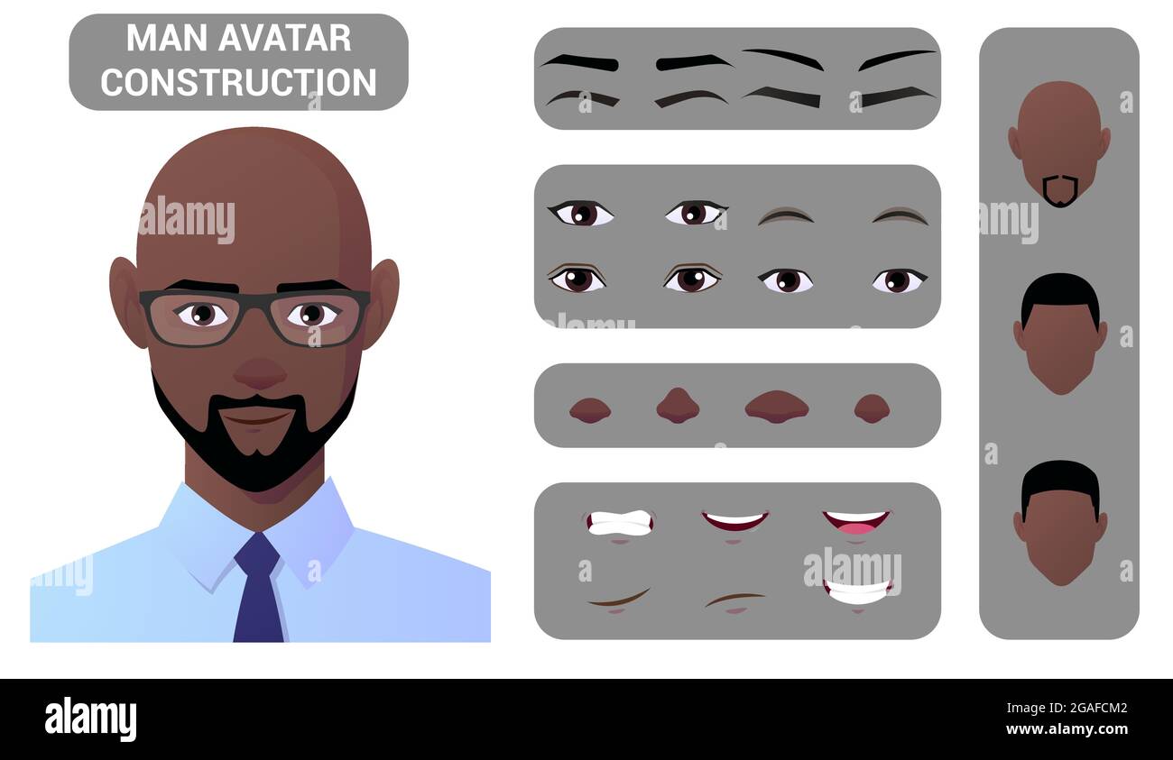 Black man Face Construction and Character Creation Pack mit Haar-, Augen-, Lippen- und Kopfteilen für Avatar Creation Premium Vector isoliert auf White Bac Stock Vektor