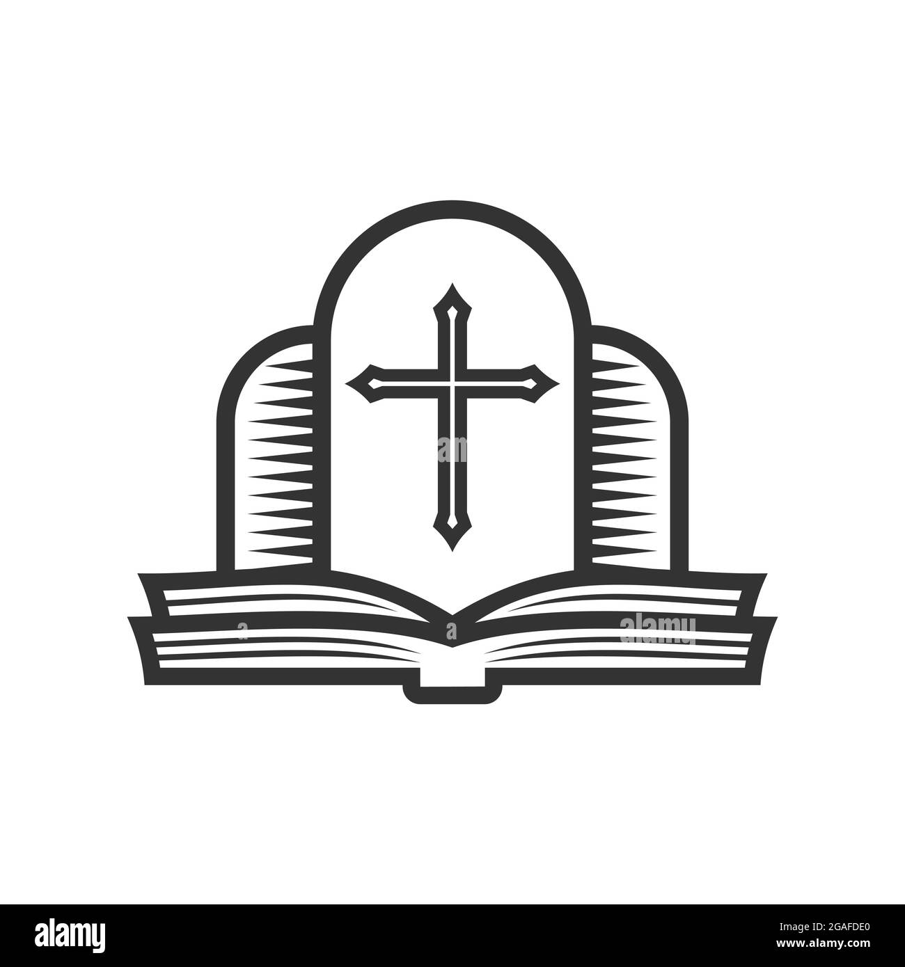 Christliche Illustration. Kirchenlogo. Kreuz des Herrn Jesus Christus und offene bibel. Stock Vektor